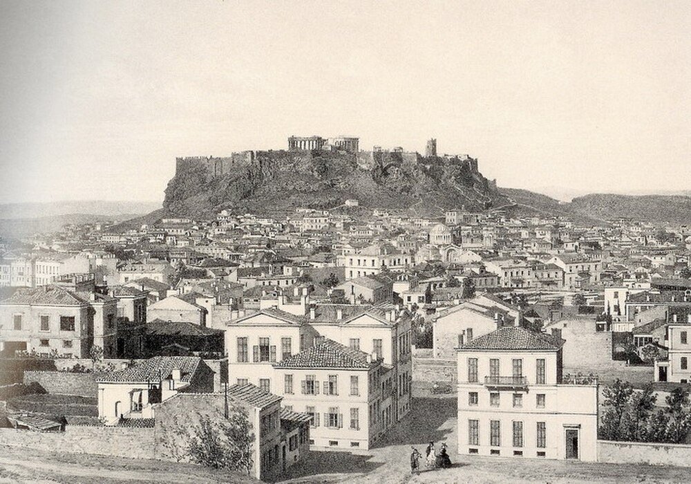 Vintage Atens stadsbild med Akropolis och Parthenon Historisk svartvit panoramavy över Aten stad med Akropoliskullen och Parthenon-templet i bakgrunden