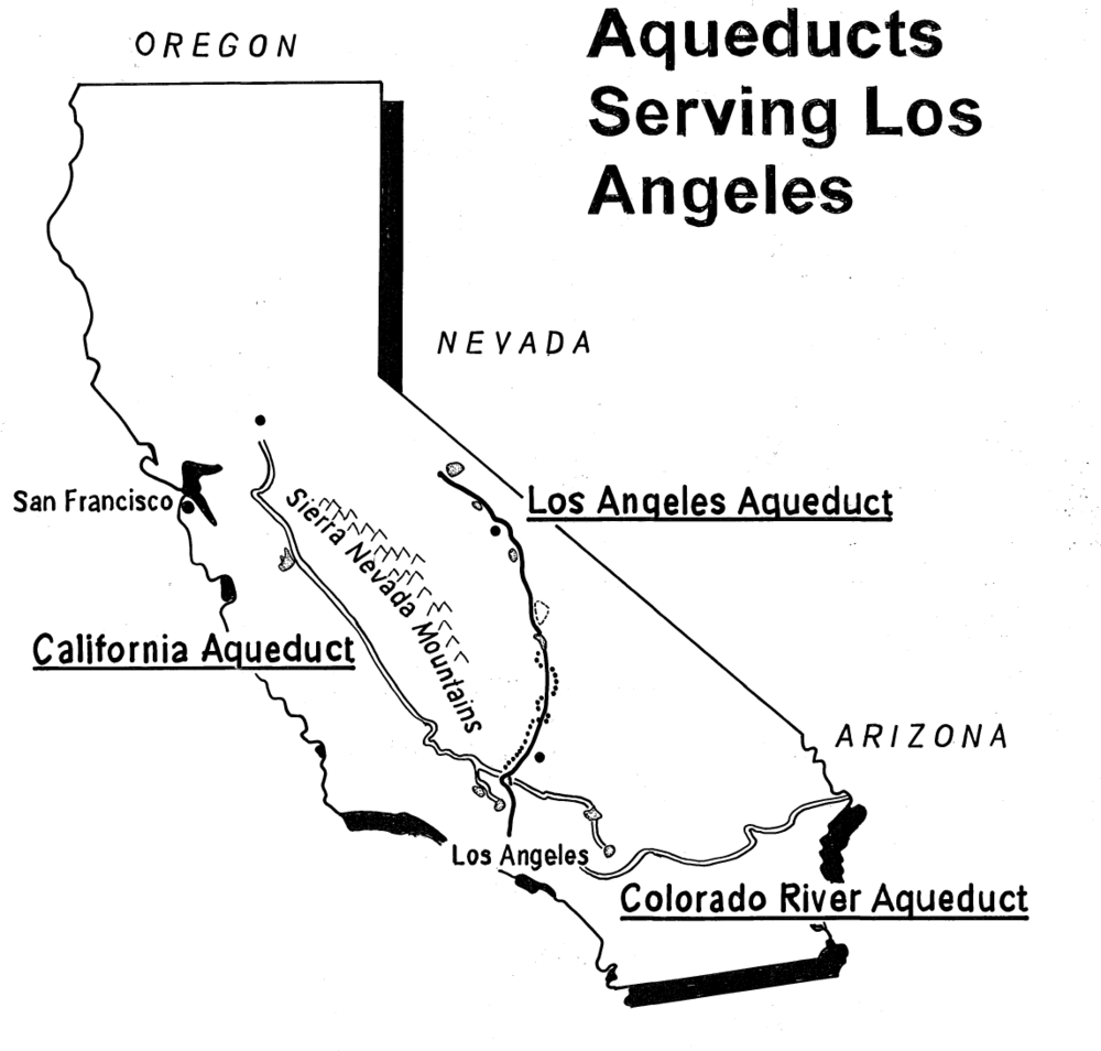 Karta över Akvedukter som Betjänar Los Angeles Karta över Kalifornien som visar akvedukter som betjänar Los Angeles inklusive California Aqueduct, Los Angeles Aqueduct och Colorado River Aqueduct