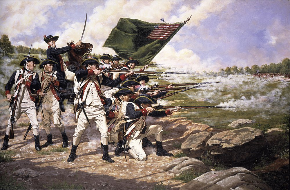 Amerikanska Revolutionskrigssoldater som Avfyrar Musköter Historisk målning av amerikanska revolutionskrigssoldater i uniform som avfyrar musköter med en flagga i strid