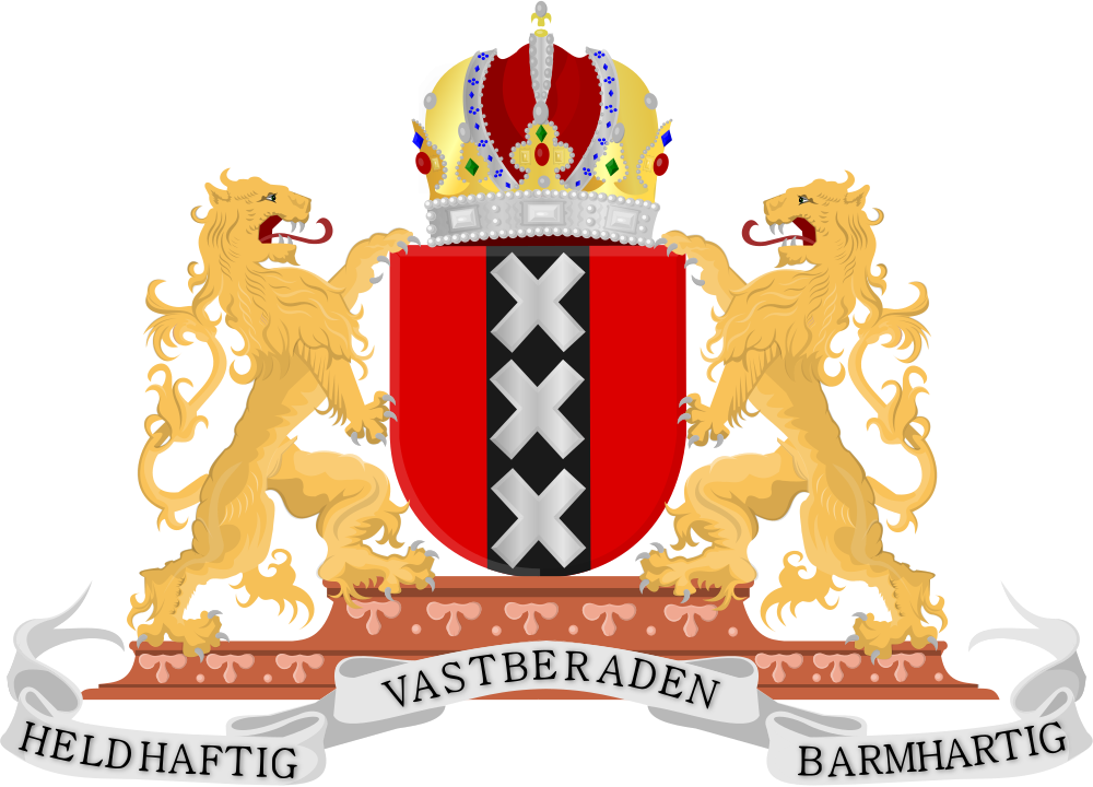 Amsterdams vapensköld med lejon och krona Amsterdams vapensköld med två gyllene lejon, en röd sköld med tre silverkors och en kunglig krona på toppen