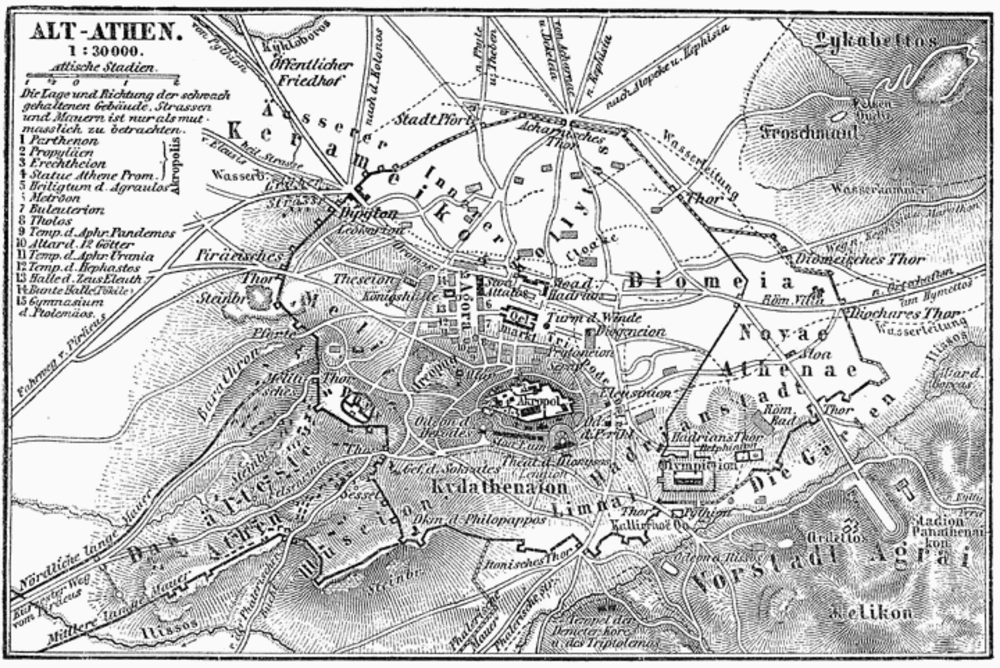 Vintagekarta över antika Aten med landmärken Detaljerad vintagekarta över antika Aten som visar viktiga landmärken som Akropolis, Parthenon och omgivande kullar.