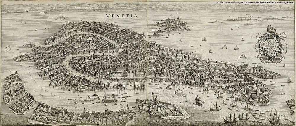Vintagekarta över Venedig med kanaler och skepp Detaljerad vintagekarta över Venedig med kanaler, skepp och omgivande öar, som visar historisk arkitektur.