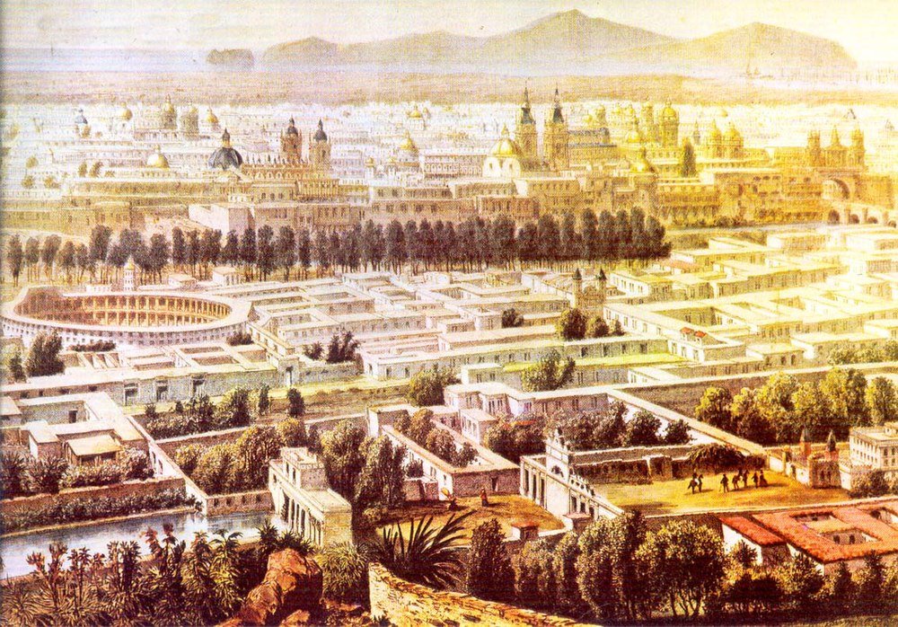 Panoramavy av antik stad med klassiska byggnader Historisk panoramavy av en antik stad med klassisk arkitektur, kupoler, coliseum och frodig grönska
