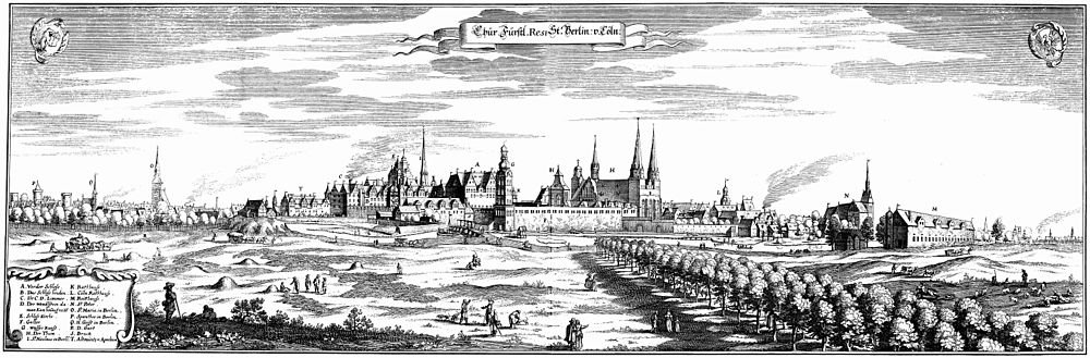 Historisk panoramagravyr av Berlins stadsbild Historisk svartvit panoramagravyr av Berlins stadsbild med detaljerade byggnader och människor i förgrunden