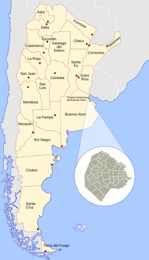 Karta över Argentinas provinser med inzoomning av Buenos Aires Karta över Argentina som visar alla provinser och Buenos Aires stad med detaljerad inzoomning av Buenos Aires stadsdelar