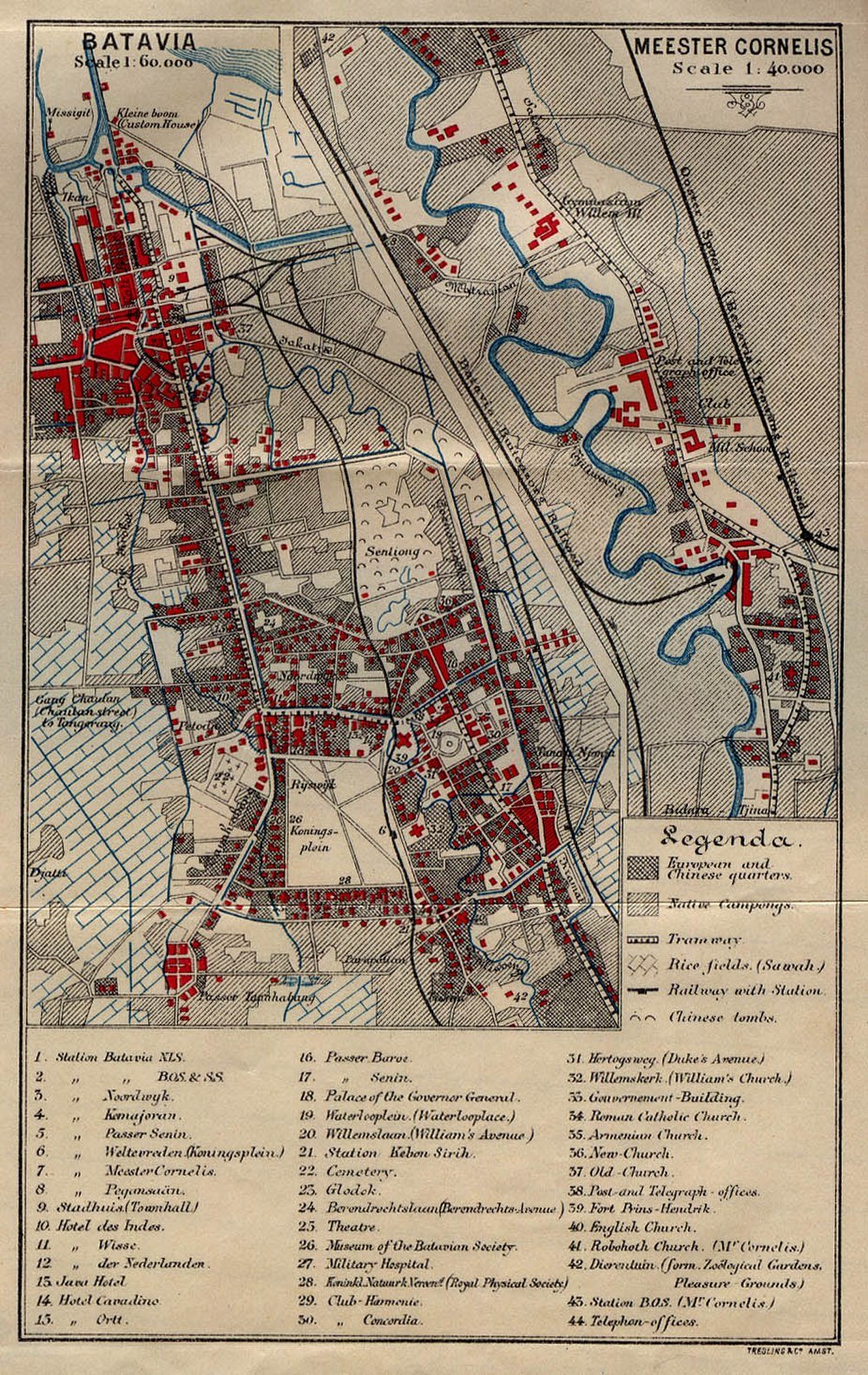 Vintage Batavia och Meester Cornelis karta med landmärken Vintage detaljerad karta över Batavia och Meester Cornelis som visar europeiska och kinesiska kvarter, spårvägar, risfält och landmärken.
