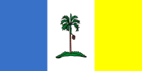Flagga för Martinique med en blå, vit och gul vertikal trikolor med en central grön palm på en liten kulle