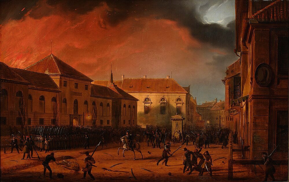 Historisk målning som visar en stadsgatuscen med soldater, en galge och en eldröd himmel i skymningen