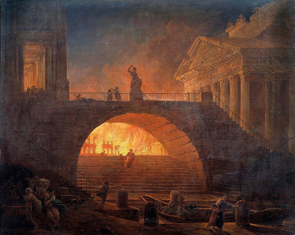 Historisk brandscen nära stenbro och klassisk byggnad Historisk målning av en dramatisk brand under en stenbro nära klassisk arkitektur med människor som evakuerar med båt