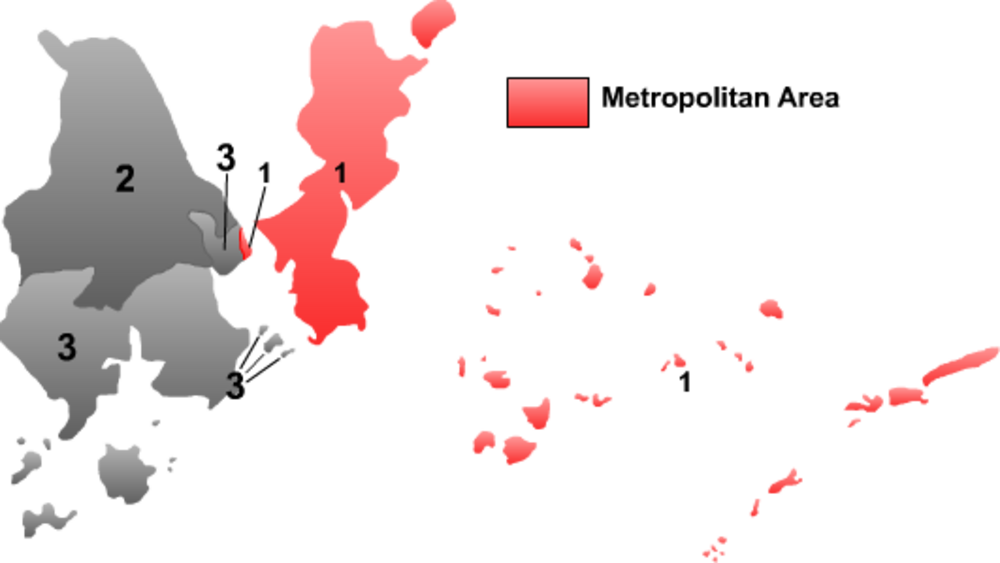 Karta som visar fördelningen av det danska språket över Danmark och dess territorier med numrerade regioner och färgkodning.