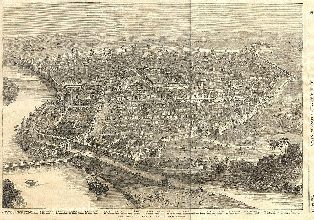 Vintageillustration av Delhi stad före belägringen Detaljerad vintageillustration av den antika muromgärdade staden Delhi före belägringen, som visar fort, palats och floden.