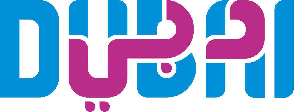 Dubais stadslogotyp med arabisk och engelsk text Dubai-logotyp med stiliserad arabisk och engelsk text i blå och lila färger som representerar staden Dubai