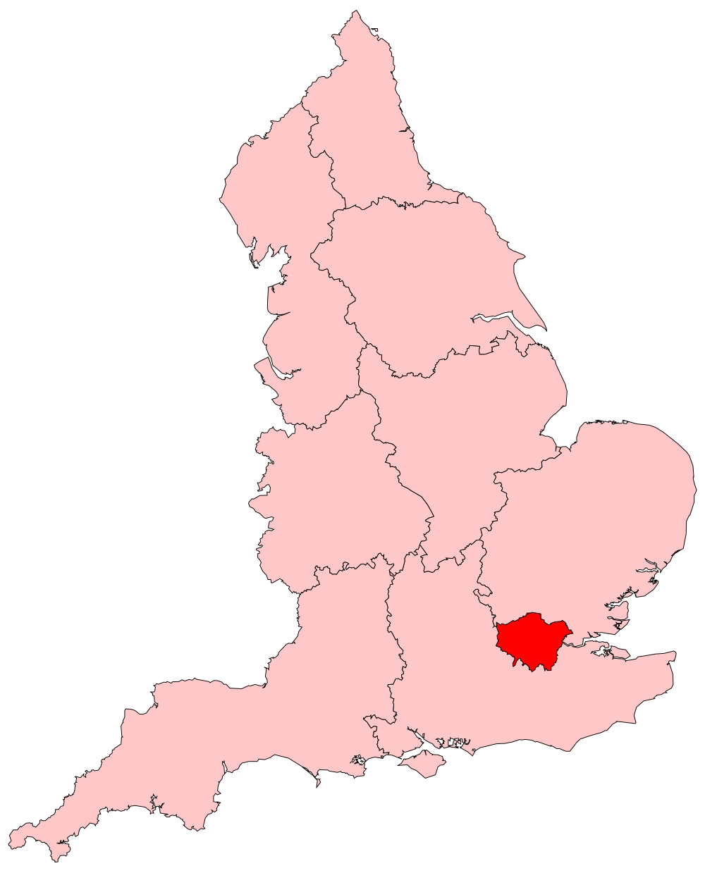 Karta över England som markerar Större London i rött bland andra län i ljusrosa för regional åtskillnad