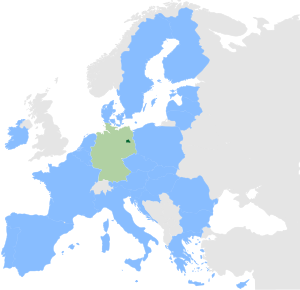 Karta som visar Tyskland och EU-medlemsländer i Europa Karta över Europa som markerar Tyskland i grönt och EU-medlemsländer i blått, som visar EU-medlemskapsstatus.