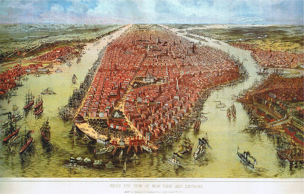 Fågelperspektiv av historiska New York City Fågelperspektiv illustration av historiska New York City med fartyg i omgivande vatten och täta stadsbyggnader
