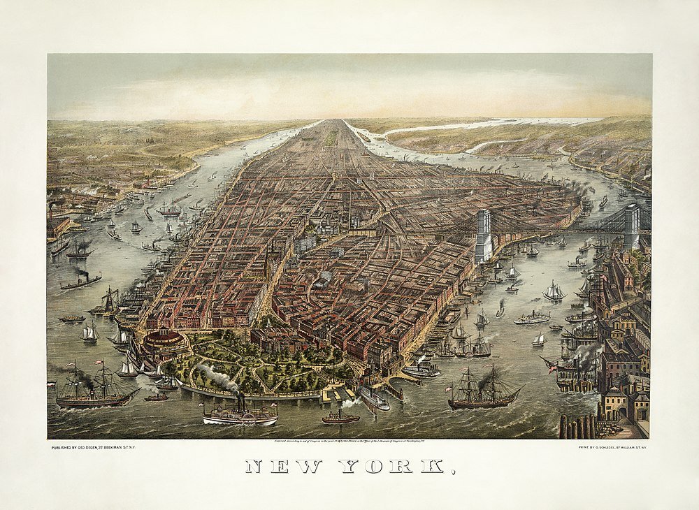 Historisk fågelperspektiv karta över New York City Vintage fågelperspektiv karta över New York City som visar Manhattan med floder, broar och många segelfartyg.