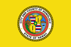 Flagga för City and County of Honolulu, Hawaii med gul bakgrund och officiellt sigill med ökarta och symboler