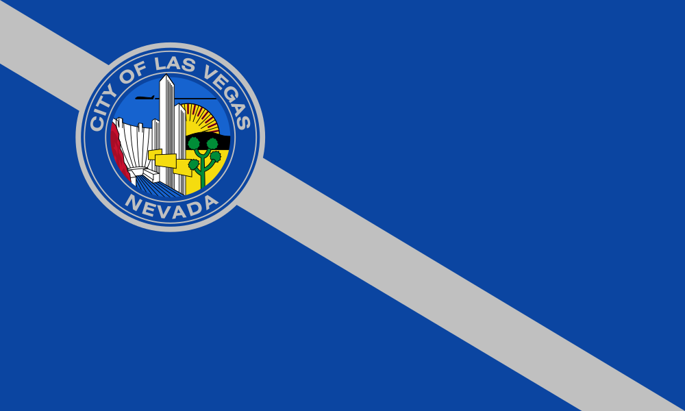 Staden Las Vegas Nevada flagga med sigill Flagga för staden Las Vegas Nevada med stadens sigill med skyline, ökenlandskap och blå bakgrund med diagonal grå rand