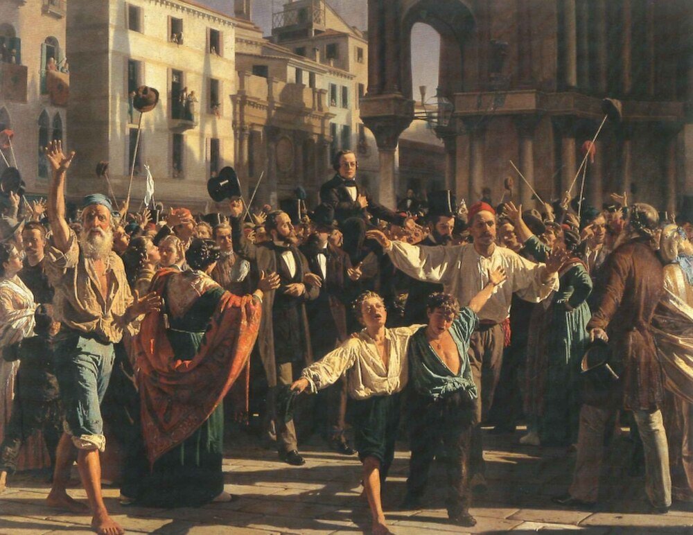 Europeiskt torg från 1800-talet med folkmassa Historisk målning av en livlig folkmassa på ett europeiskt torg från 1800-talet med uttrycksfulla gester och tidstypiska kläder