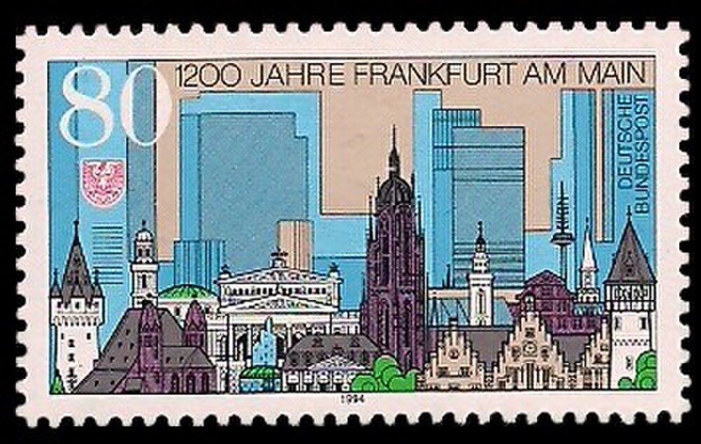 1200 år Frankfurt am Main tyskt frimärke 1984 Tyskt frimärke som firar 1200 år av Frankfurt am Main med stadssilhuett och landmärkesillustration