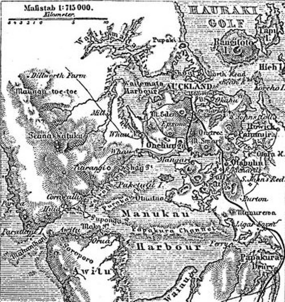 Historisk karta över Auckland och Manukau Harbour Vintage svartvit karta som visar Auckland, Manukau Harbour och omgivande områden med detaljerad topografi och platsnamn