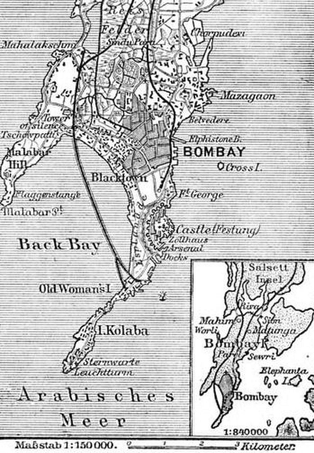 Historisk karta över Bombay med stora landmärken Vintagekarta över Bombay som visar viktiga platser som Malabar Hill, Back Bay och Colaba i Arabiska havet