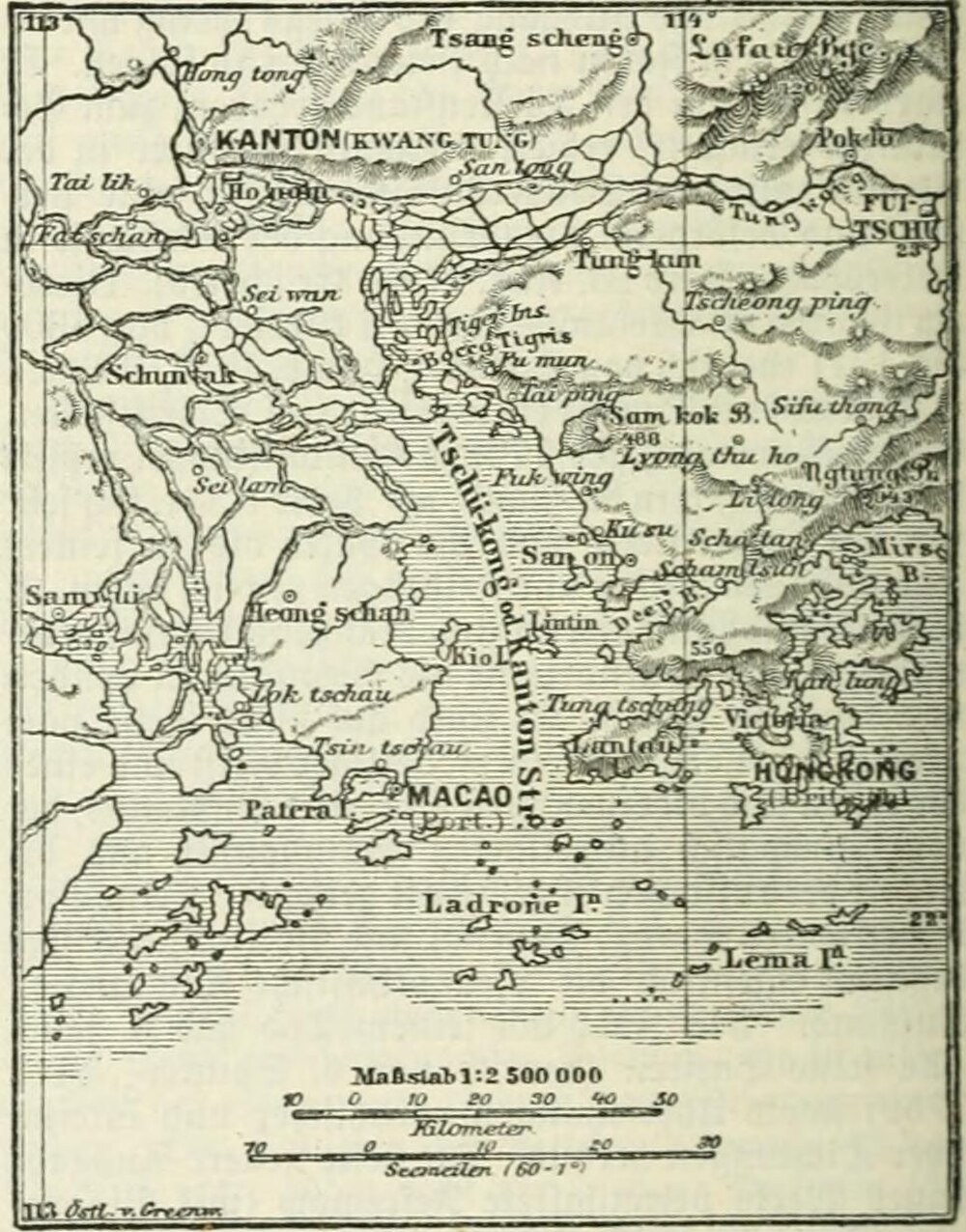 Antik karta över regionerna Kanton, Macao och Hongkong Vintagekarta som visar regionerna Kanton, Macao och Hongkong med detaljerade floder och öar.