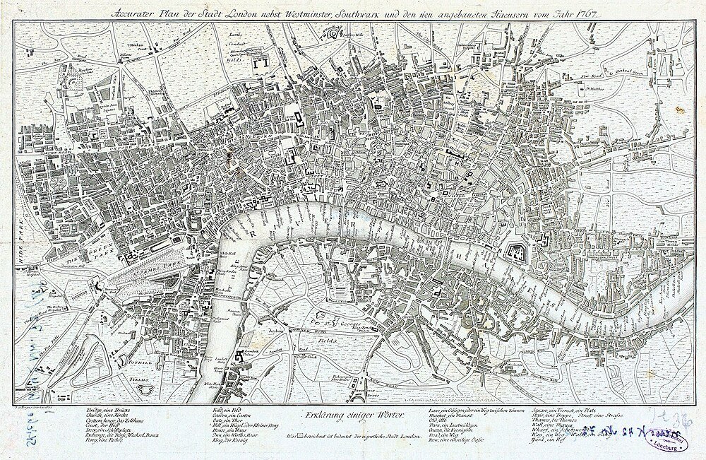 1767 historisk karta över London med Westminster och Southwark Detaljerad historisk karta över London från 1767 som visar Westminster, Southwark och nybyggda hus längs floden Themsen