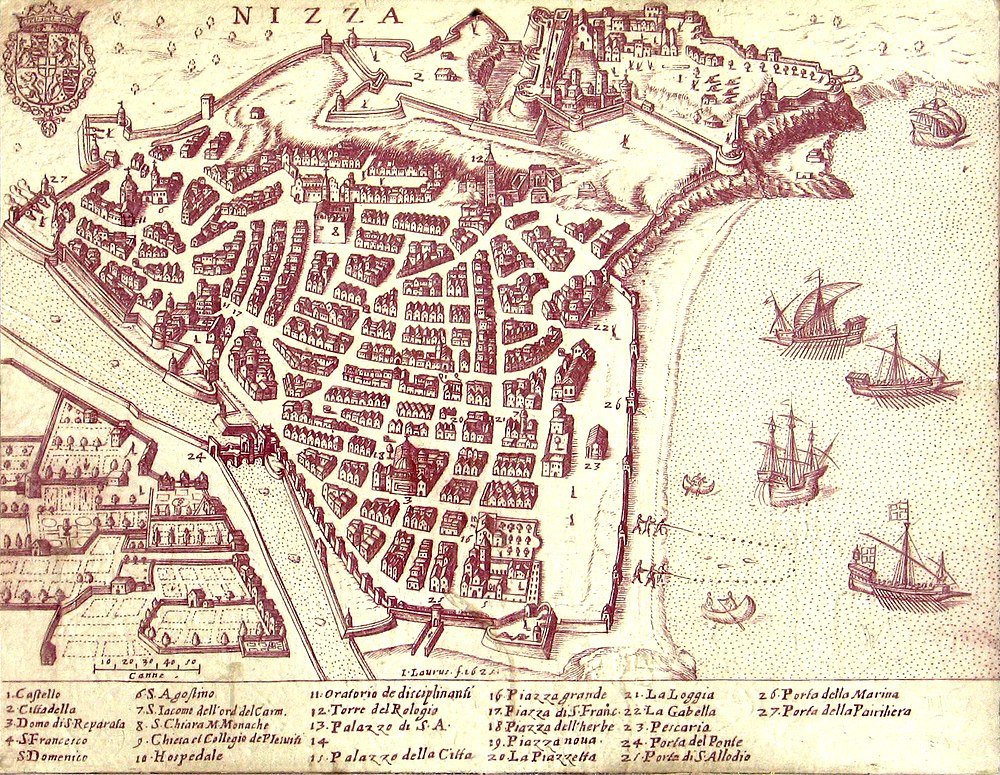 Antik karta över Nizza stad med befästningar och hamn Antik detaljerad karta över Nizza stad med befästningar, gator, byggnader och segelfartyg i hamnen, historisk illustration.