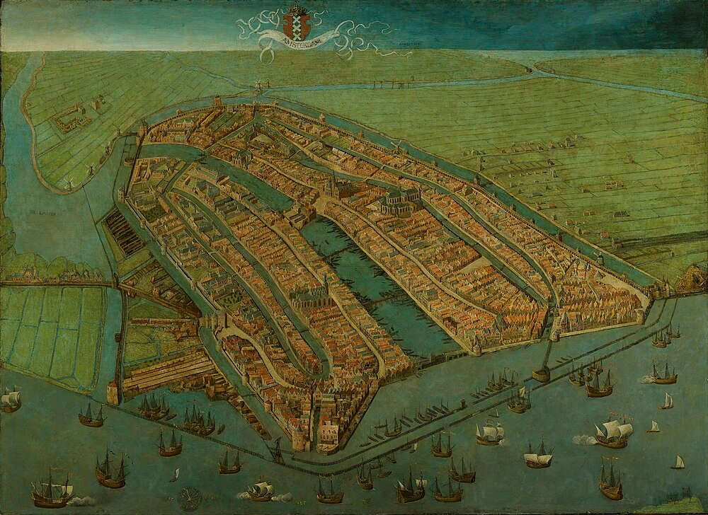 Historisk Amsterdam stadskarta med kanaler och fartyg Historisk flygvy målning av Amsterdam stad med kanaler, gamla byggnader och segelfartyg i hamnen