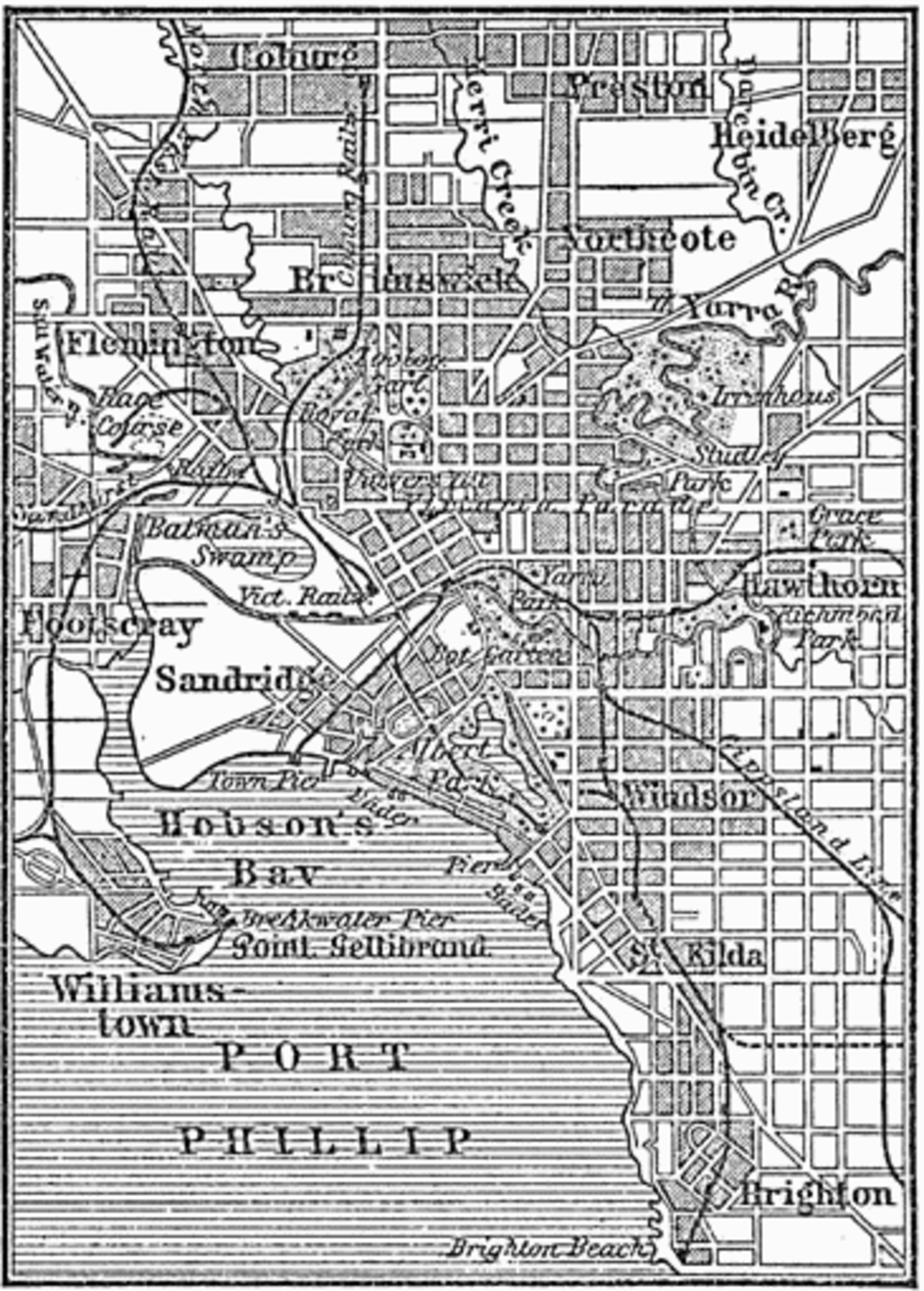 Vintage karta över Melbourne och Port Phillip Bay Vintage svartvit karta över Melbourne, Australien som visar förorter, parker, järnvägar och Port Phillip Bay.