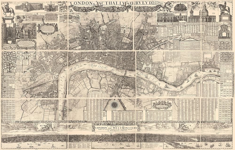 Vintagekarta över London och Westminster med floden Themsen Detaljerad vintagekarta över London och Westminster med floden Themsen, landmärken och historiska illustrationer från 1600-talets undersökning