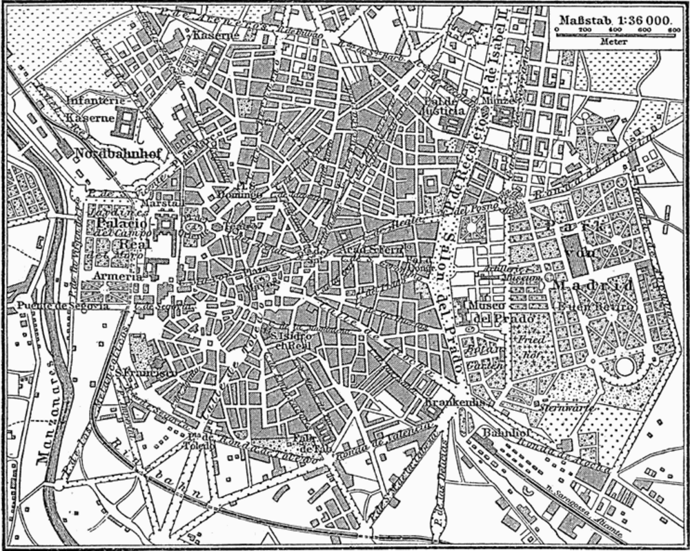 Vintagekarta över Madrids stadskärna på tyska Vintage detaljerad svartvit karta över Madrids stadskärna med landmärken och gatunamn på tyska
