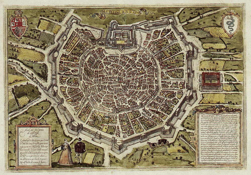 Antik Karta över Milano med Stadsmurar och Gator Historisk karta över Milano stad med detaljerade gator, befästningar och omgivande landsbygd från ett gammalt manuskript.