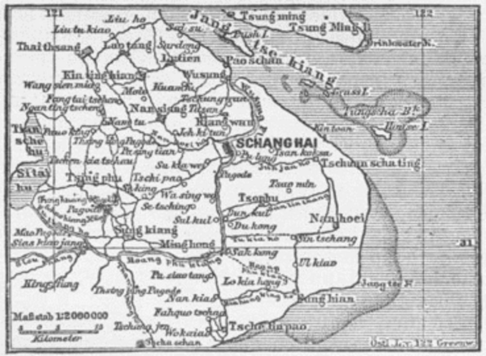Vintagekarta över Shanghai och omgivande regioner Vintagekarta som visar Shanghai och omgivande regioner med floder, städer och geografiska detaljer i svartvitt.