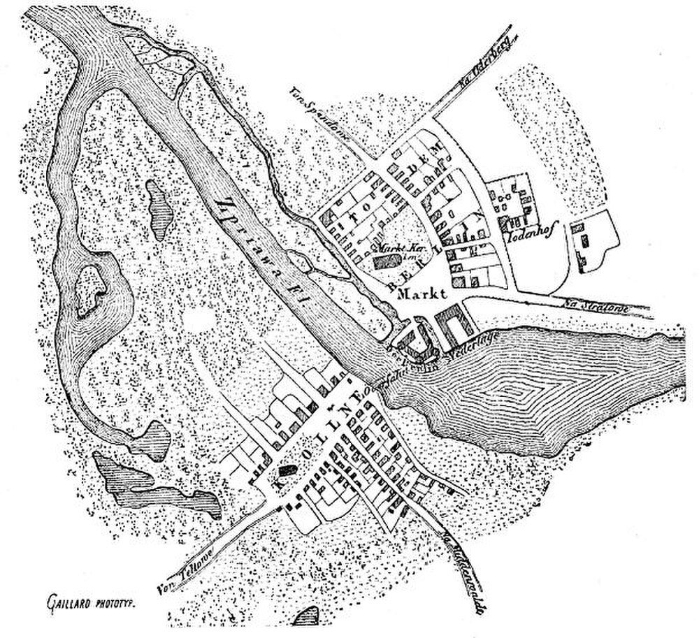 Historisk tysk stadskarta med flod och gator Historisk svartvit karta över en stad med flod, gator, byggnader och landmärken märkta på tyska.