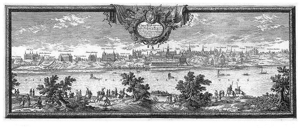 Gravyr av Warszawas stadsbild från 1600-talet Historisk panoramagravyr av Warszawas stadsbild med floden Wisła och detaljerade arkitektoniska landmärken från 1600-talet