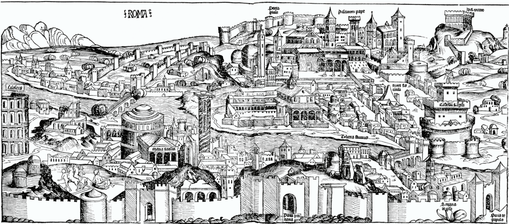 Vintage träsnittskarta över antika Rom Detaljerad vintage träsnittskarta över antika Rom som visar ikoniska landmärken och stadsmurar i svartvitt illustration