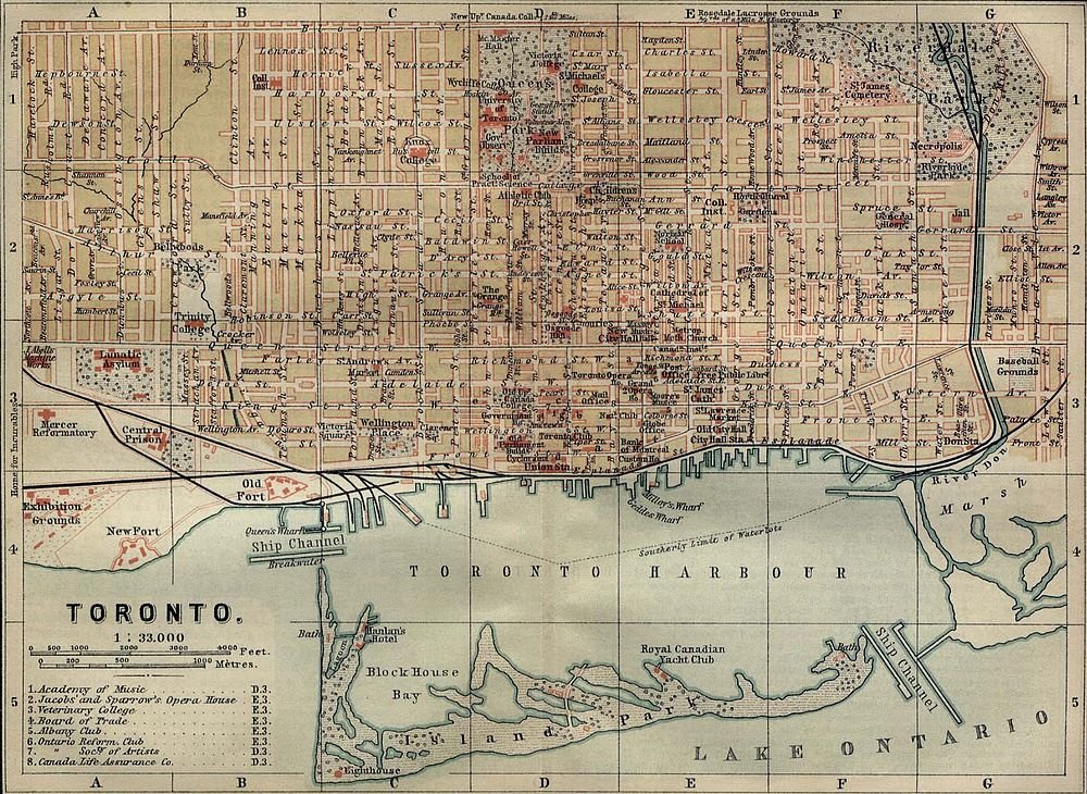 Vintage Toronto stadskarta med hamn och landmärken Vintage detaljerad karta över Toronto stad som visar gator, landmärken, Toronto Harbour och Lake Ontario från tidigt 1900-tal