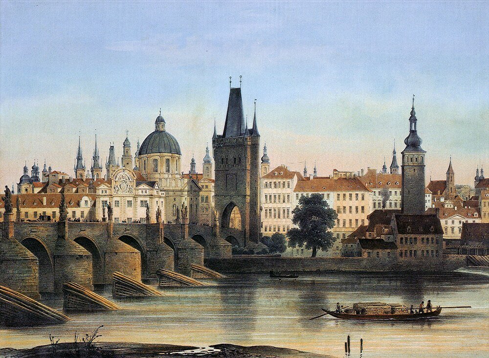 Historiskt europeiskt stadslandskap med stenbro och torn Historiskt europeiskt stadslandskap med stenbro, flod och medeltida torn under en klar himmel