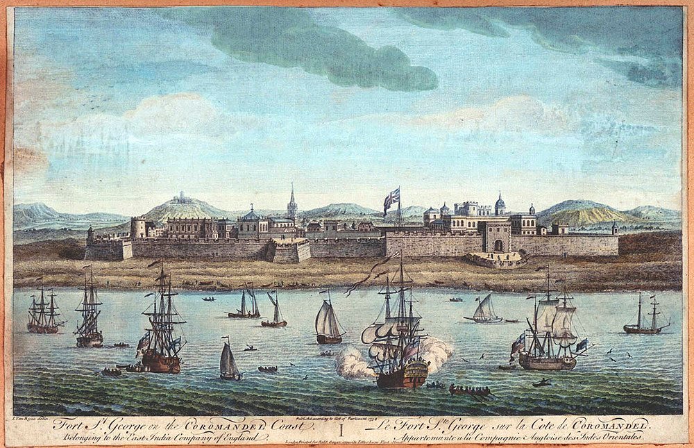 Fort St. George på Coromandelkusten med brittiska skepp Historisk målning av Fort St. George på Coromandelkusten med brittiska skepp i hamnen och en kustbefästning.