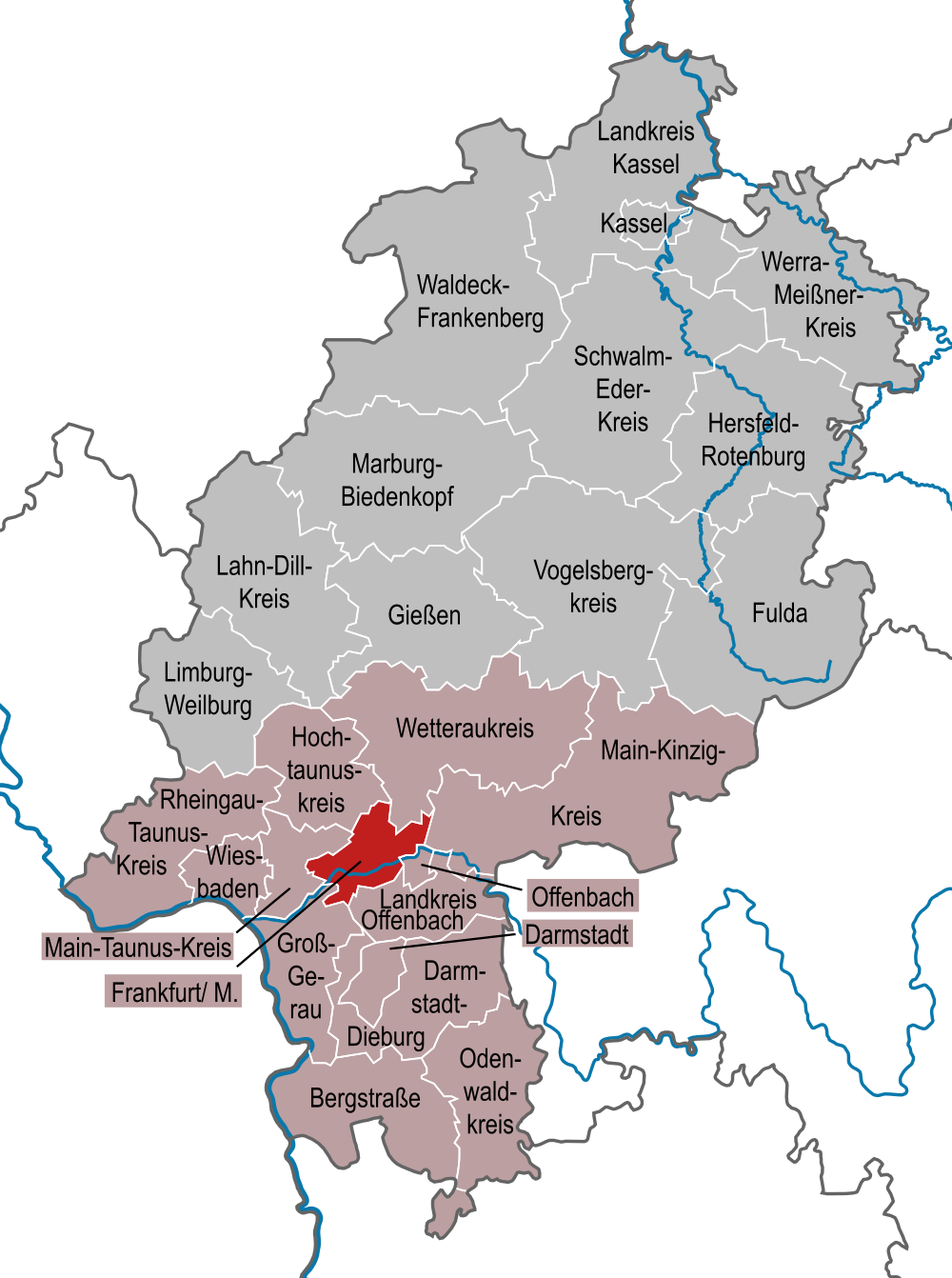 Karta över distrikt i Hessen, Tyskland som markerar Offenbach och omgivande områden med distriktsnamn och gränser