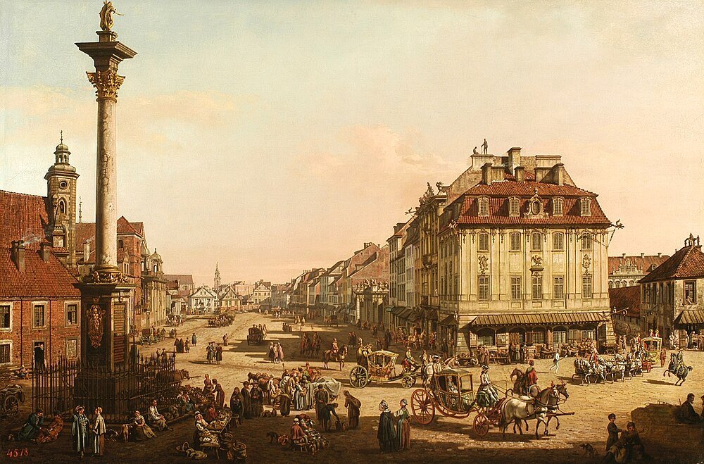 Historiskt europeiskt stadstorg med hästdragna vagnar, människor i tidstypiska kläder och klassisk arkitektur under en klar himmel
