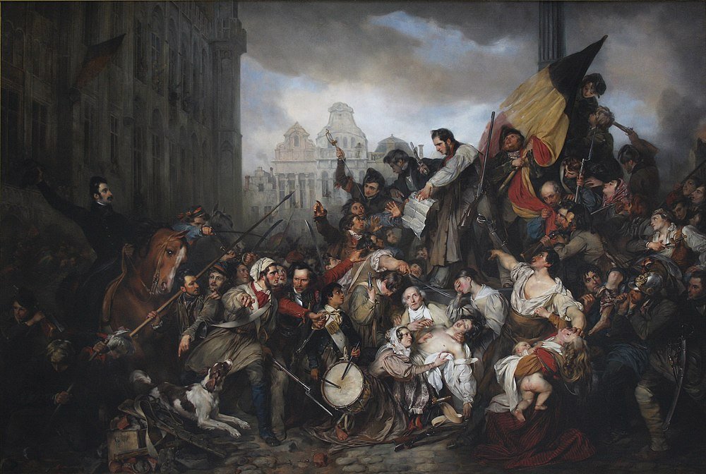 Dramatisk revolutionär stridsscen målning Historisk målning som skildrar en dramatisk revolutionär stridsscen med soldater, civila och en flagga på ett stadstorg.