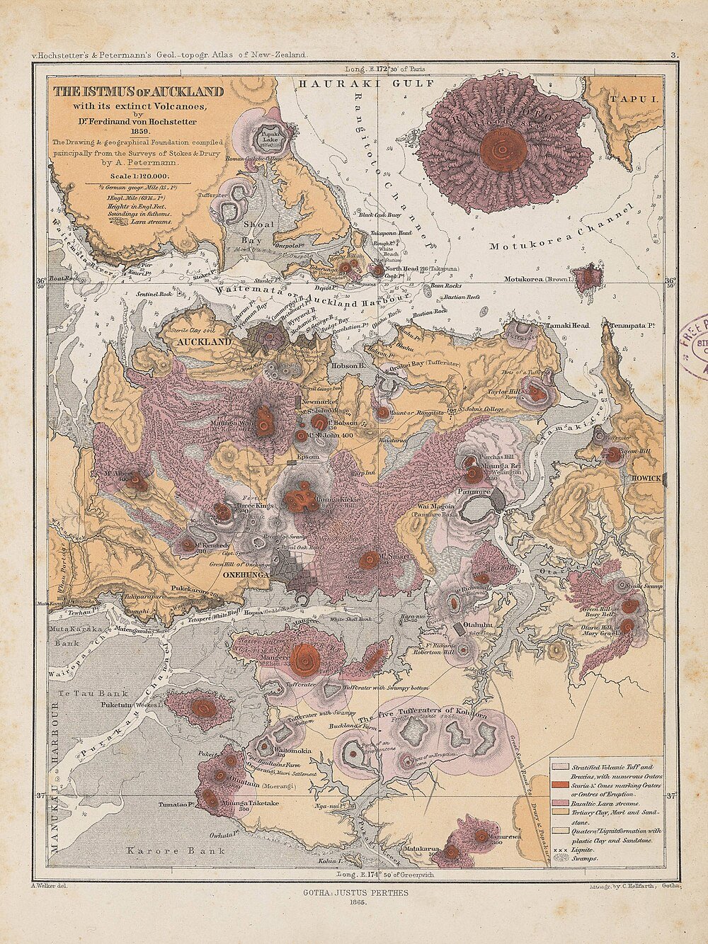 1865 Geologisk karta över Auckland Isthmus vulkaner Detaljerad geologisk karta från 1865 över Auckland Isthmus, Nya Zeeland som visar utdöda vulkaner, lavaströmmar och tuffkratrar