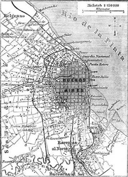 Historisk karta över Buenos Aires stad och Rio de la Plata Vintage svartvit karta över Buenos Aires stad som visar stadsdelar, gator och Rio de la Plata-kusten.