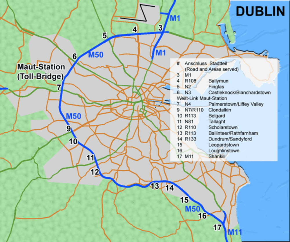 Dublin M50 Motorvägskarta med Tullbro och Förbindelser Karta över Dublin som visar M50 motorvägen med tullbro och viktiga vägförbindelser till förorter och områden som betjänas