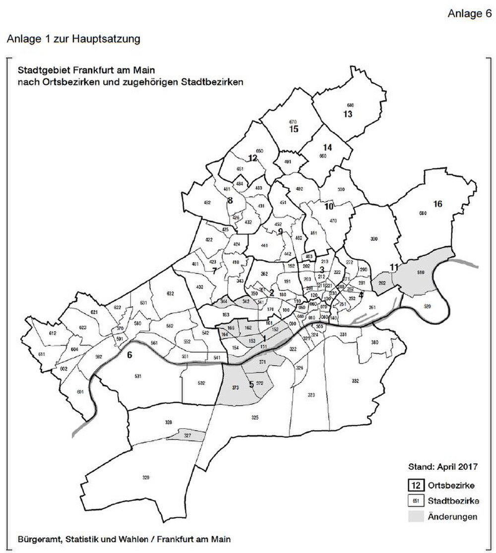 Frankfurt am Main stad och distriktskarta april 2017 Karta över Frankfurt am Main som visar 16 distrikt och deras motsvarande stadsdistrikt med gränser och etiketter från april 2017