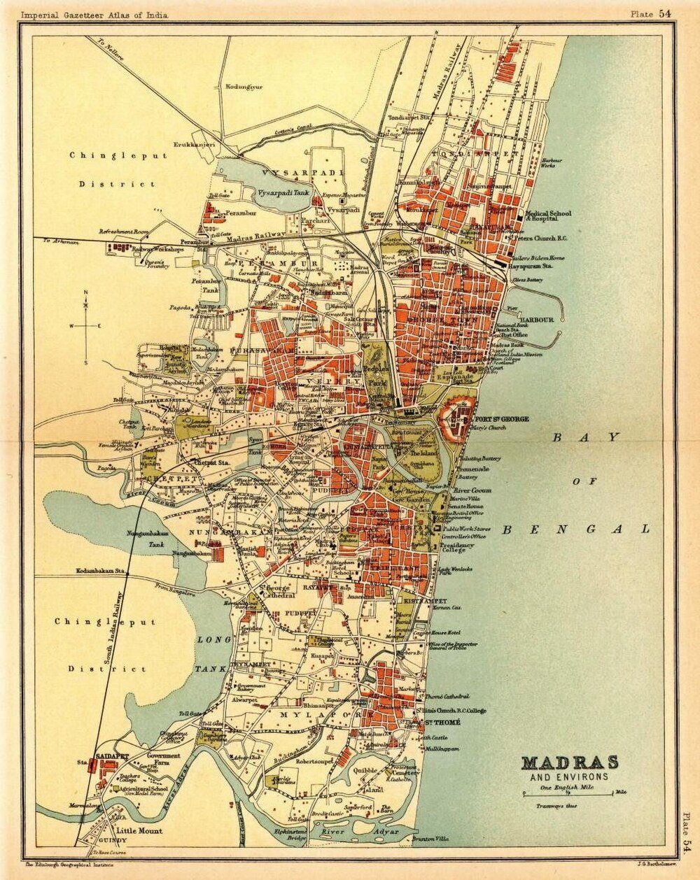 Vintage Madras-karta från Imperial Gazetteer Atlas Vintagekarta över Madras och omgivningar som visar detaljerade gator, landmärken och Bengaliska vikens kustlinje från Imperial Gazetteer Atlas