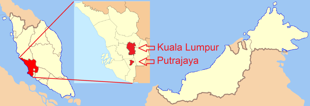Karta över Kuala Lumpur och Putrajaya i Malaysia Karta som markerar Kuala Lumpur och Putrajaya i Malaysia med detaljerad inzoomning som visar deras platser i den centrala regionen.